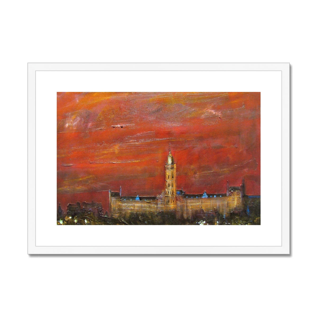 Framed oil painting of Glasgow University with clock tower under dramatic sunset sky