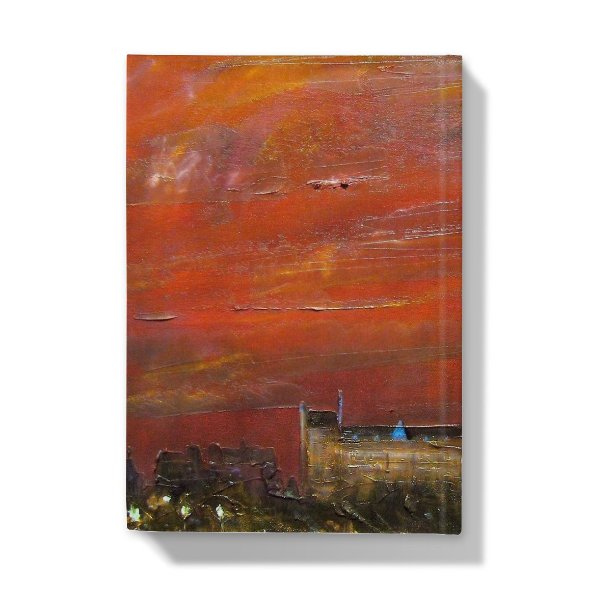 Textured abstract painting of Glasgow skyline under a fiery red sky on Glasgow University Dusk Hardback Journal