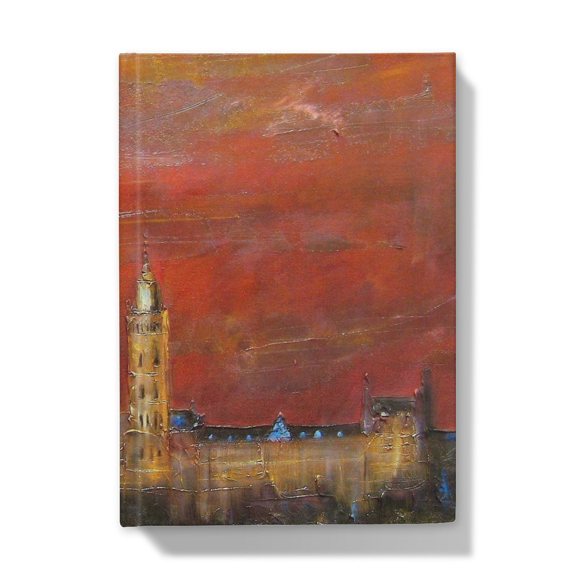 Vibrant oil painting of Glasgow cityscape at dusk on Glasgow University Dusk Hardback Journal