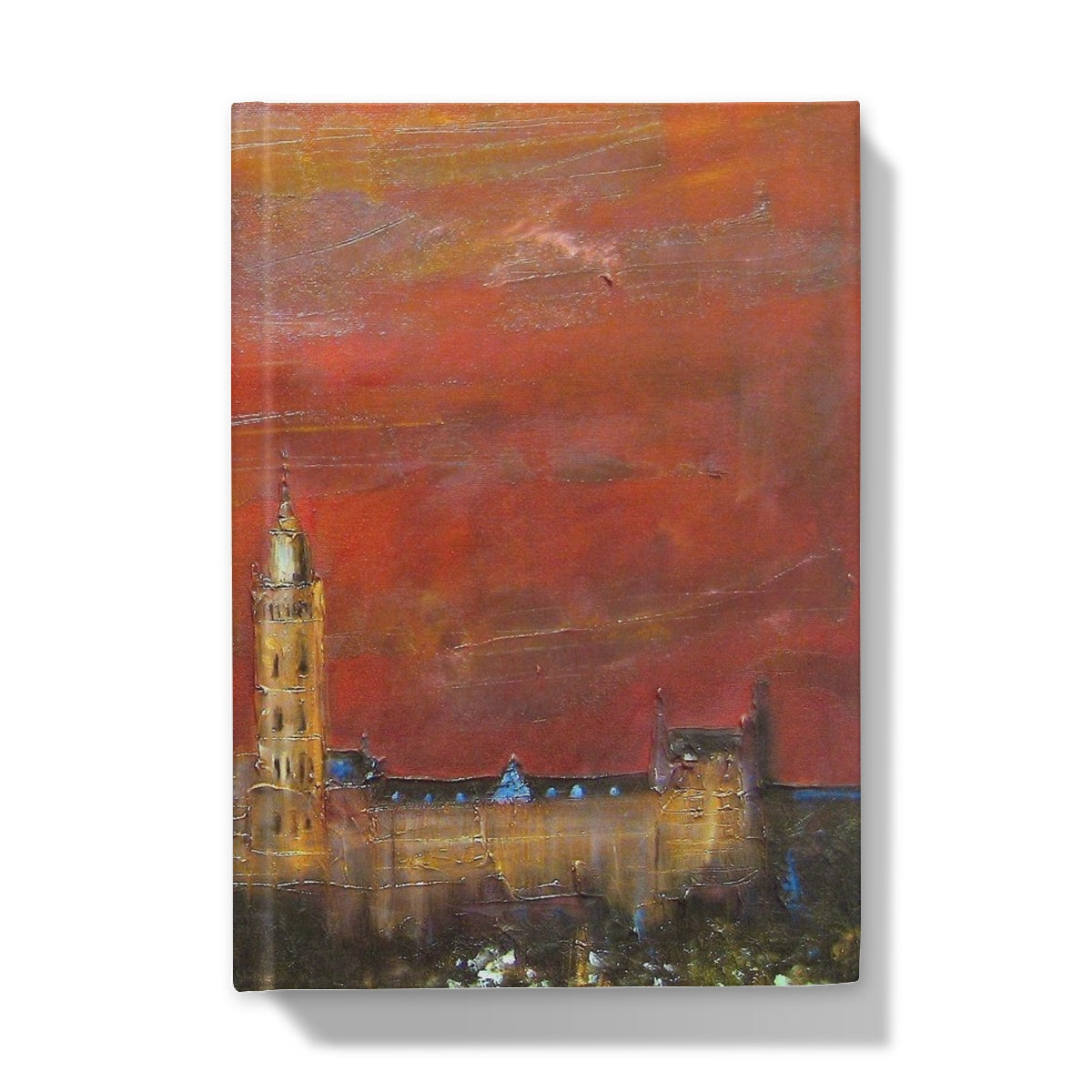 Oil painting of Glasgow city skyline with prominent tower at sunset for Glasgow University journal