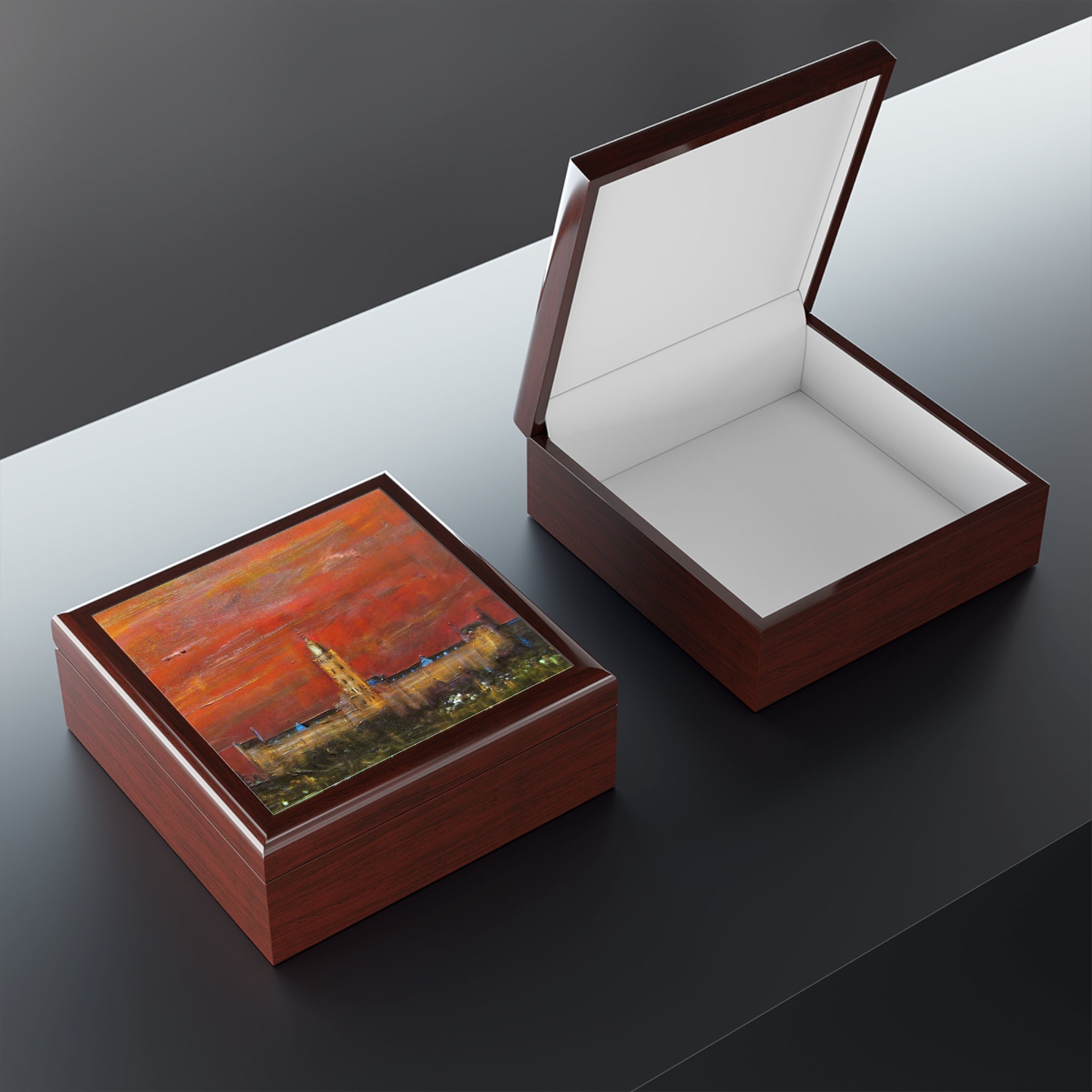 Glasgow University Dusk Jewellery Box with vibrant cityscape lid