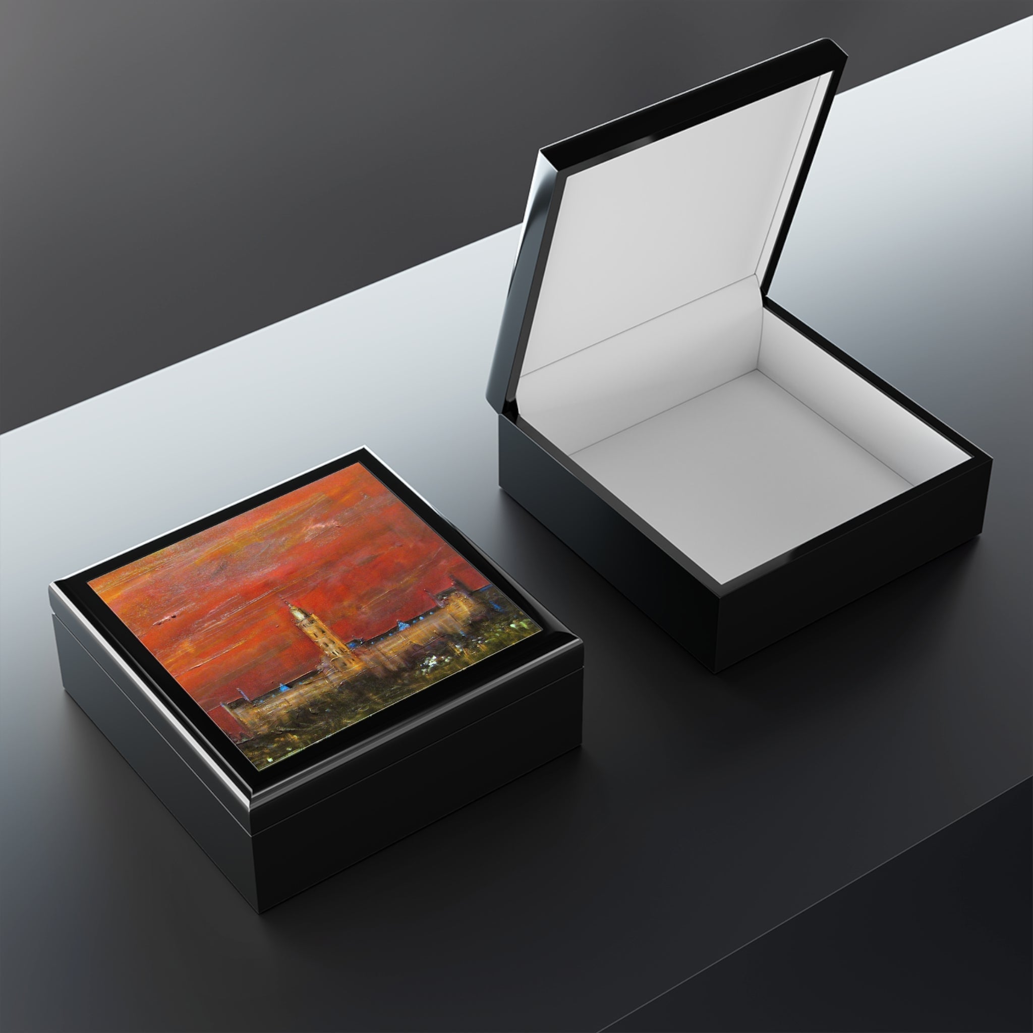 Glasgow University Dusk jewellery box with orange-red sunset scene