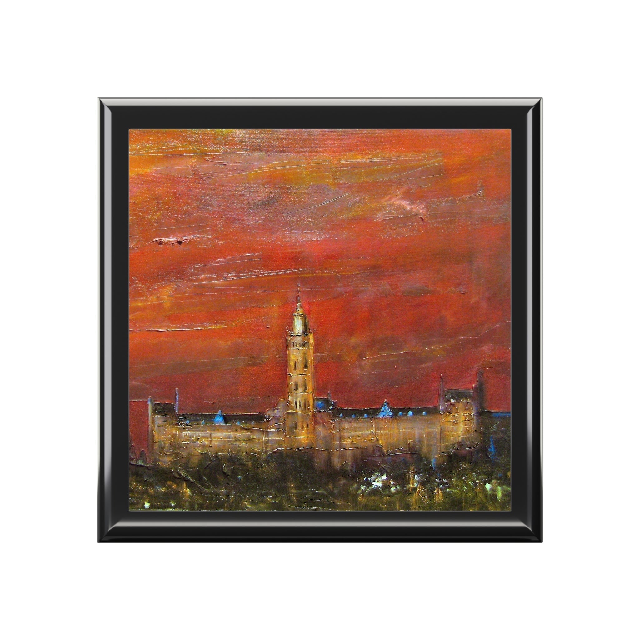 Glasgow University dusk tower painting in jewelry box, Scotland sunset