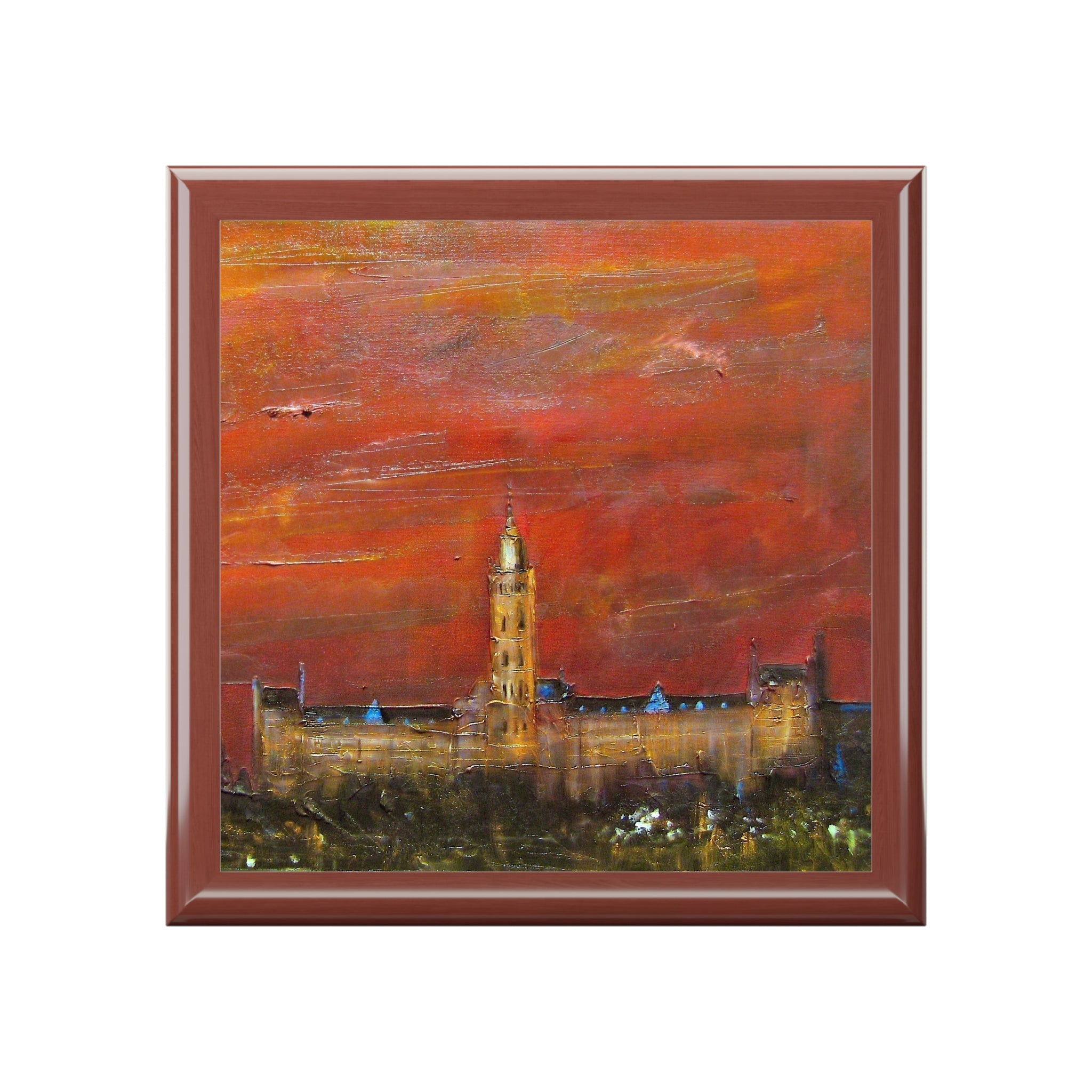 Glasgow University dusk tower painting in jewelry box, Scotland sunset