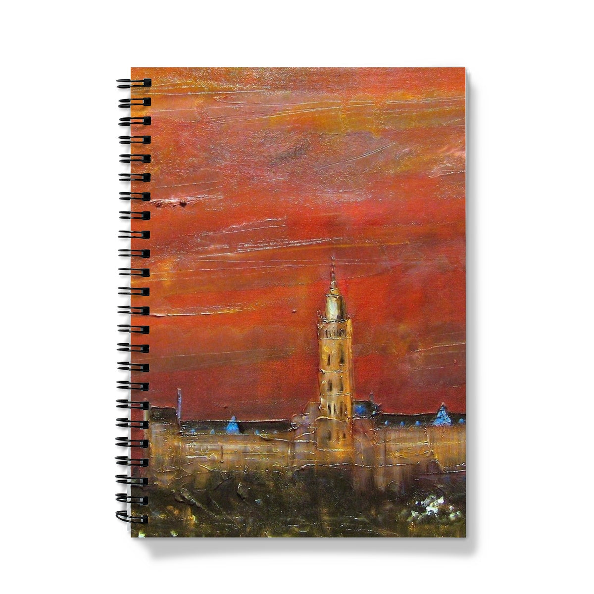 Spiral-bound Glasgow University Dusk Notebook with impressionistic tower and cityscape art