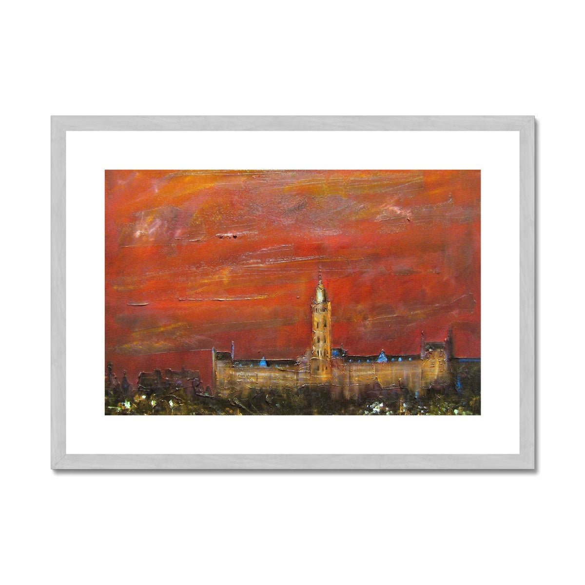 Glasgow University Dusk Painting | Antique Framed & Mounted Prints From Scotland-Antique Framed & Mounted Prints-Edinburgh & Glasgow Art Gallery-A2 Landscape-Silver Frame-Paintings, Prints, Homeware, Art Gifts From Scotland By Scottish Artist Kevin Hunter