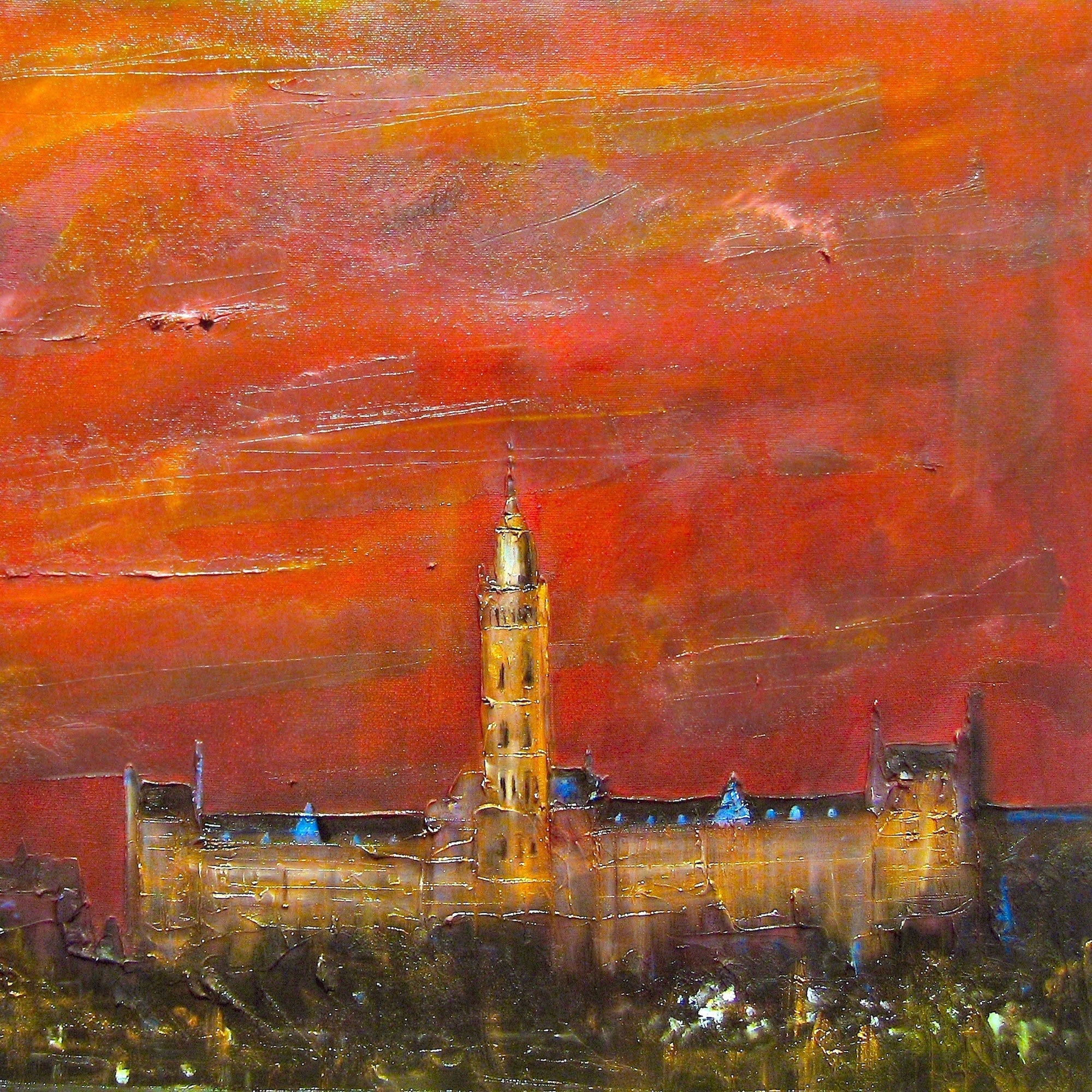 Abstract painting of Glasgow University clock tower and building at sunset for Scotland In Your Pocket