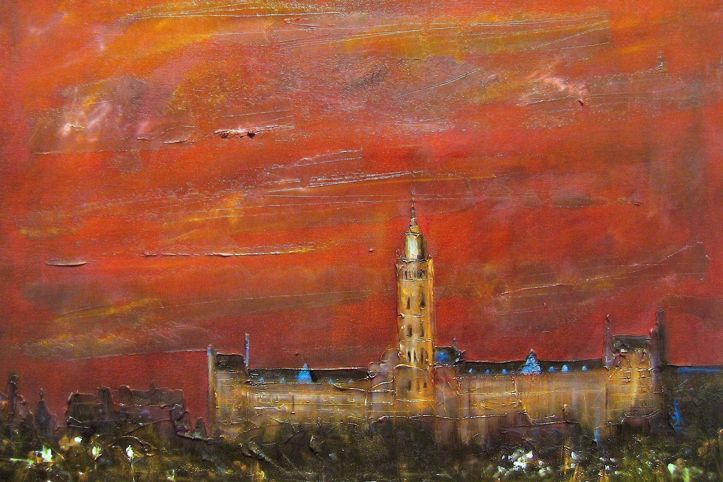 Oil painting of Glasgow University tower at sunset for Scottish interior wall art