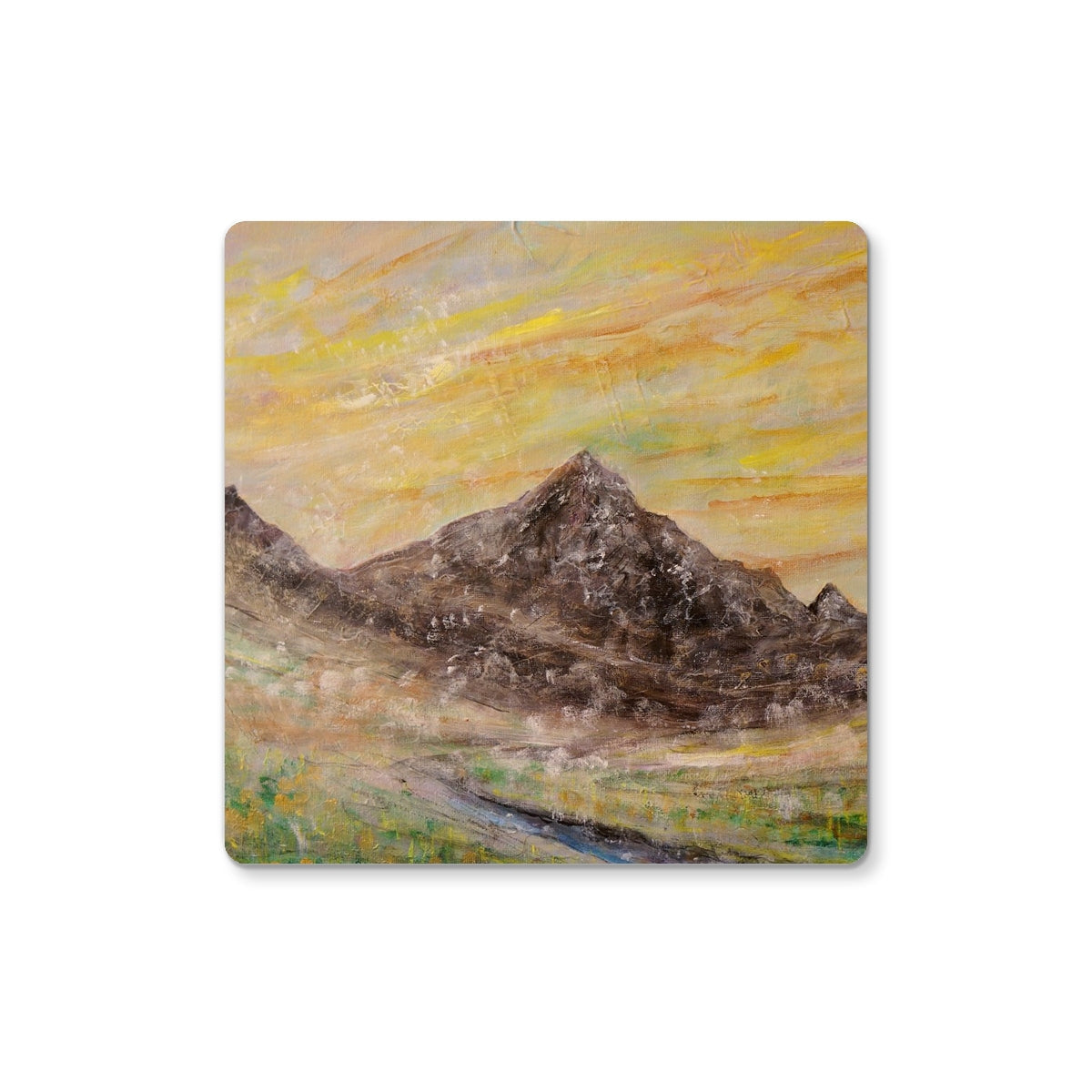 Glen Rosa Arran square coaster with impressionistic rugged mountains under warm orange sky