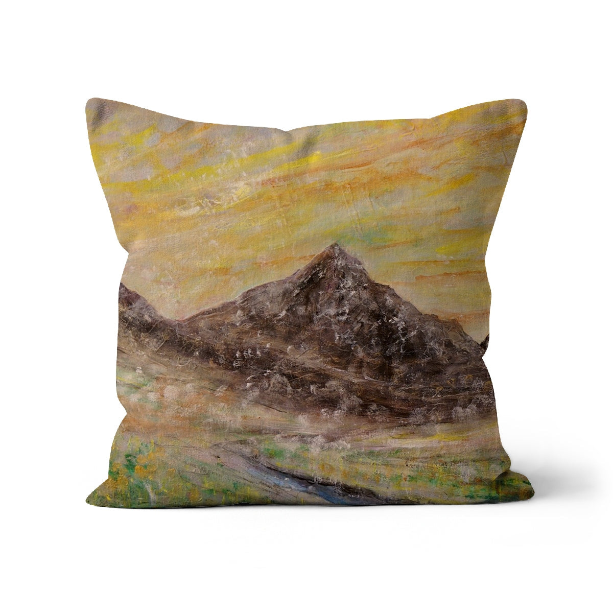 Glen Rosa Arran square cushion with textured impressionistic mountain landscape in warm yellow and brown tones