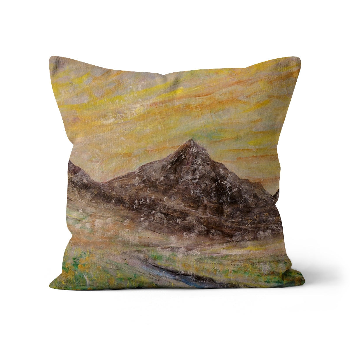 Glen Rosa Arran square cushion with textured mountain landscape under warm sunset sky