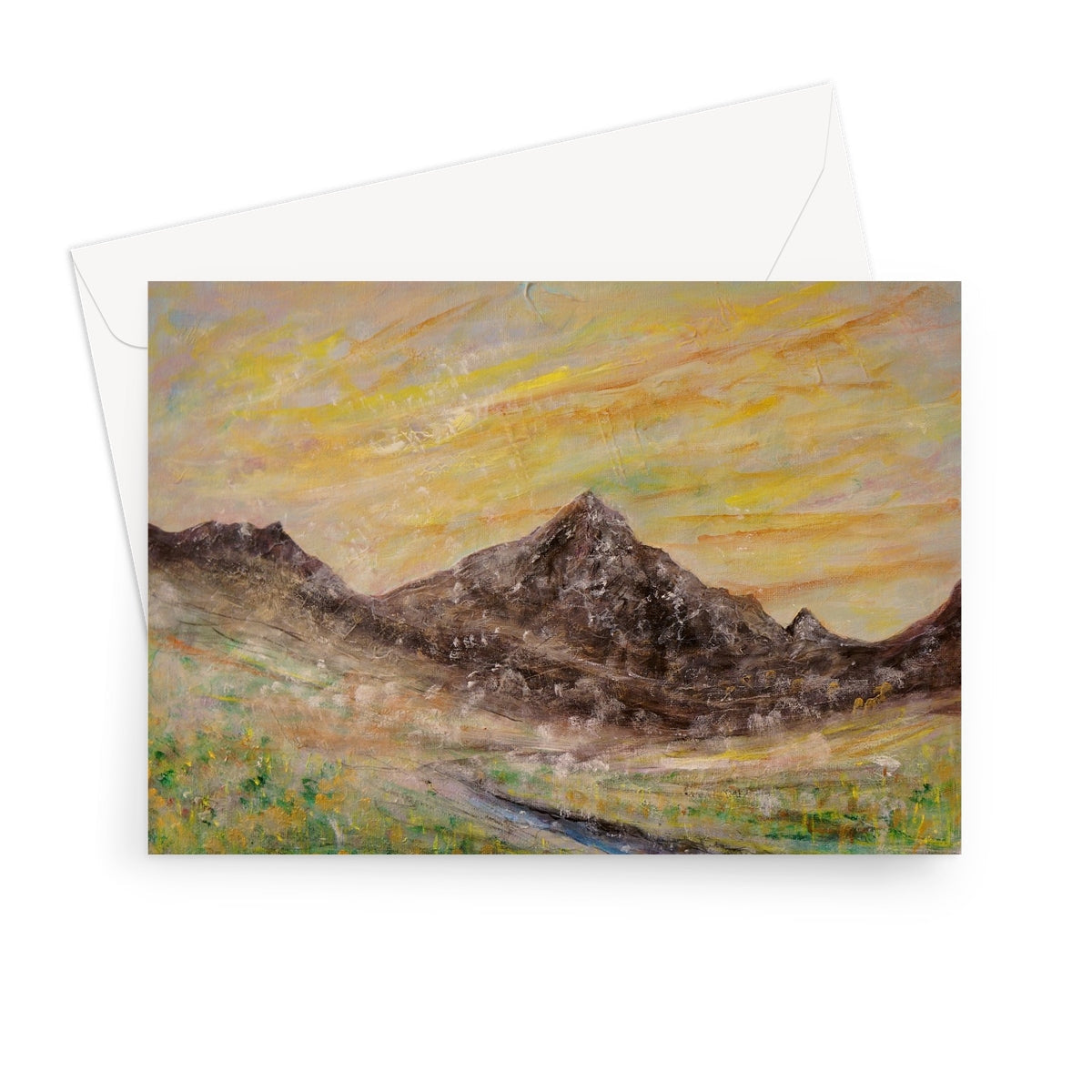 Glen Rosa Arran greeting card with impressionistic rugged mountains under warm sunset sky