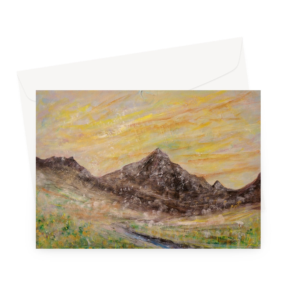 Glen Rosa Arran greeting card with impressionistic rugged mountains under warm sunset sky