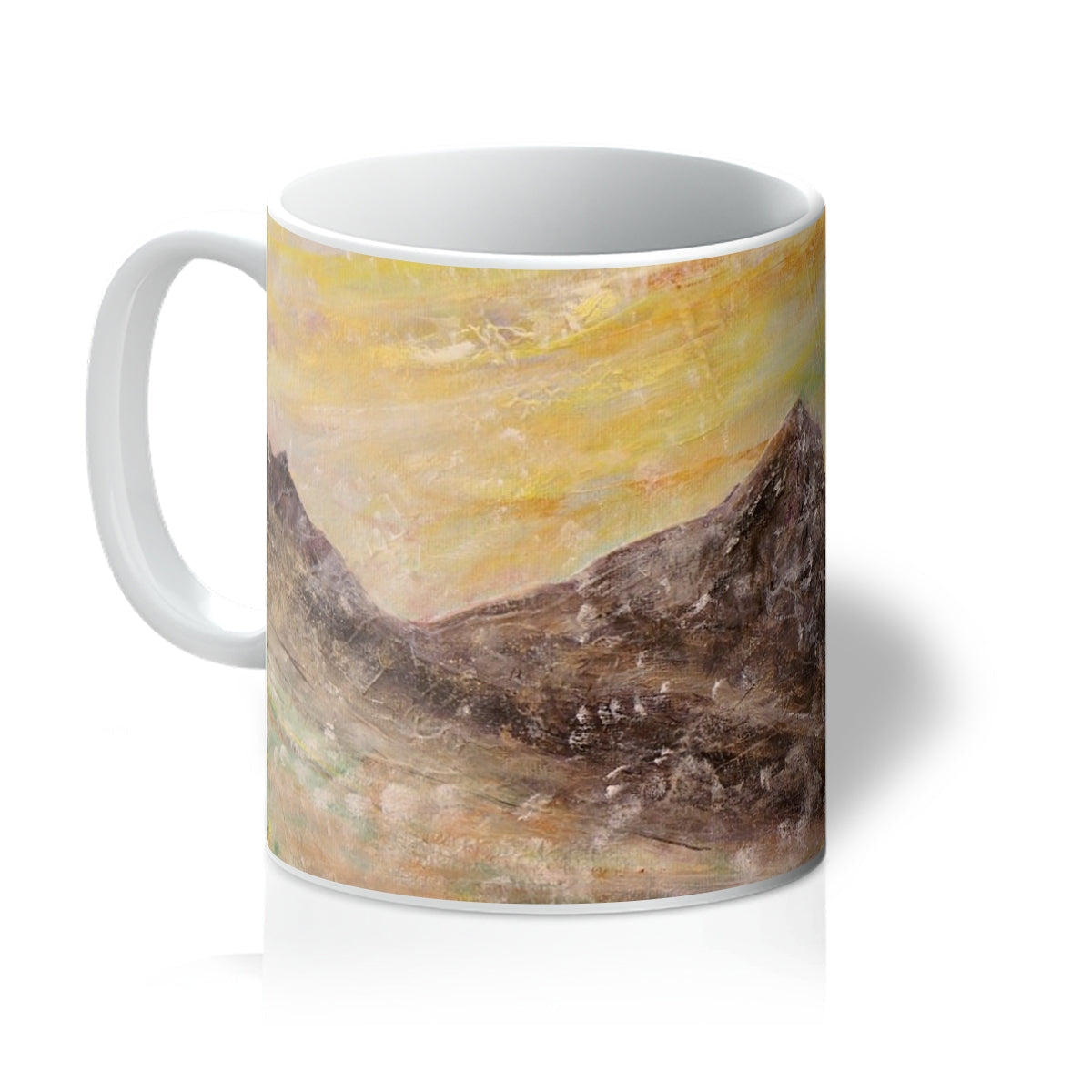 Glen Rosa Arran white ceramic mug with impressionistic mountain landscape