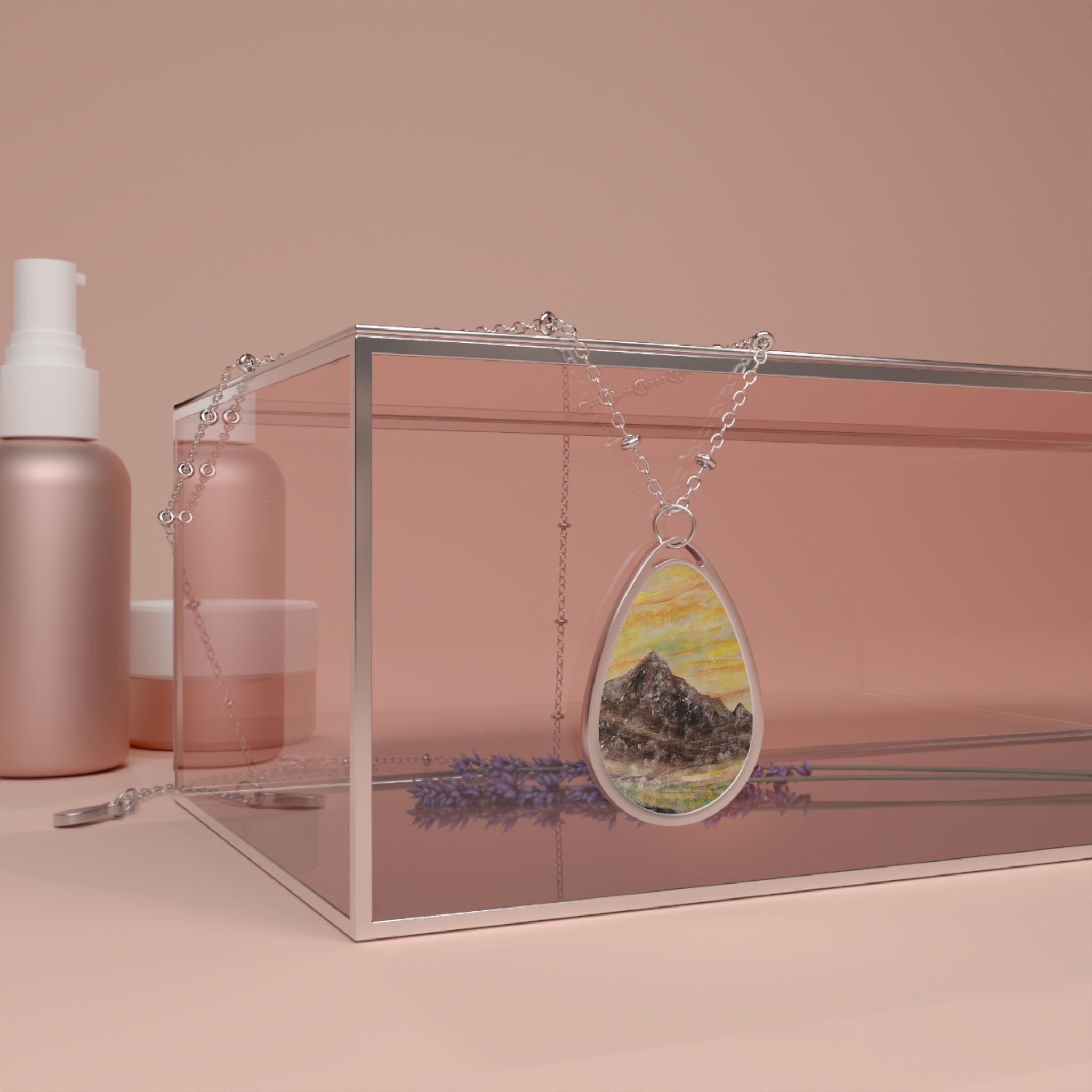 Teardrop-shaped pendant with mountain landscape painting on silver chain Scottish jewellery