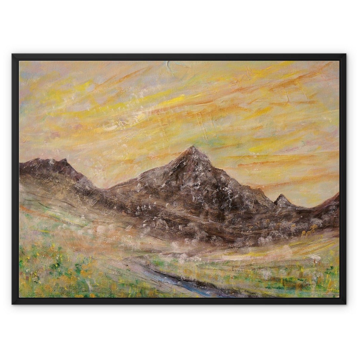Glen Rosa Mist Painting | Framed Canvas From Scotland-Floating Framed Canvas Prints-Arran Art Gallery-32"x24"-Black Frame-Paintings, Prints, Homeware, Art Gifts From Scotland By Scottish Artist Kevin Hunter