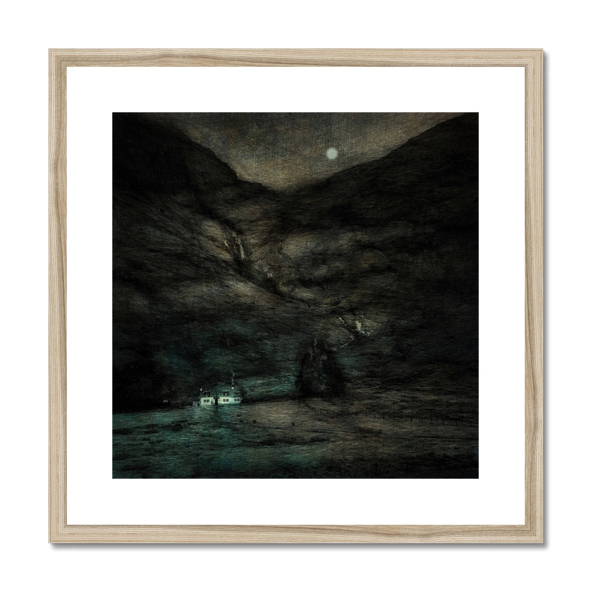 Dark Glencoe cave entrance with rocky walls and small boat at moonlight