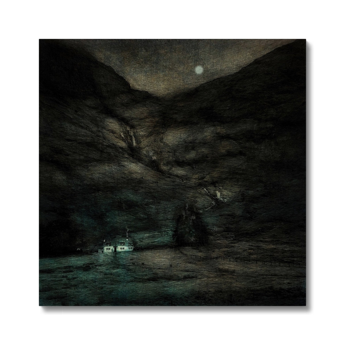 Glencoe Cottage Moonlight Painting | Canvas From Scotland-Contemporary Stretched Canvas Prints-Glencoe Art Gallery-24"x24"-Paintings, Prints, Homeware, Art Gifts From Scotland By Scottish Artist Kevin Hunter