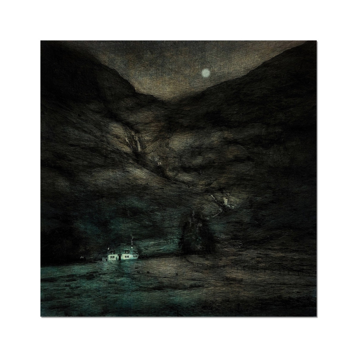 Glencoe Cottage Moonlight Painting | Fine Art Prints From Scotland-Unframed Prints-Glencoe Art Gallery-24"x24"-Paintings, Prints, Homeware, Art Gifts From Scotland By Scottish Artist Kevin Hunter