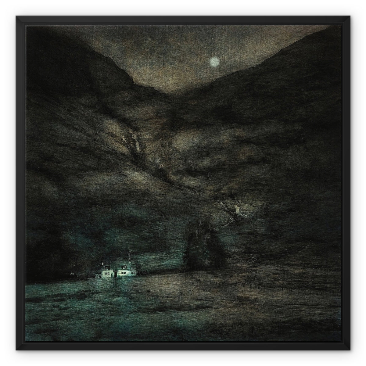 Glencoe Cottage Moonlight Painting | Framed Canvas From Scotland-Floating Framed Canvas Prints-Glencoe Art Gallery-24"x24"-Paintings, Prints, Homeware, Art Gifts From Scotland By Scottish Artist Kevin Hunter