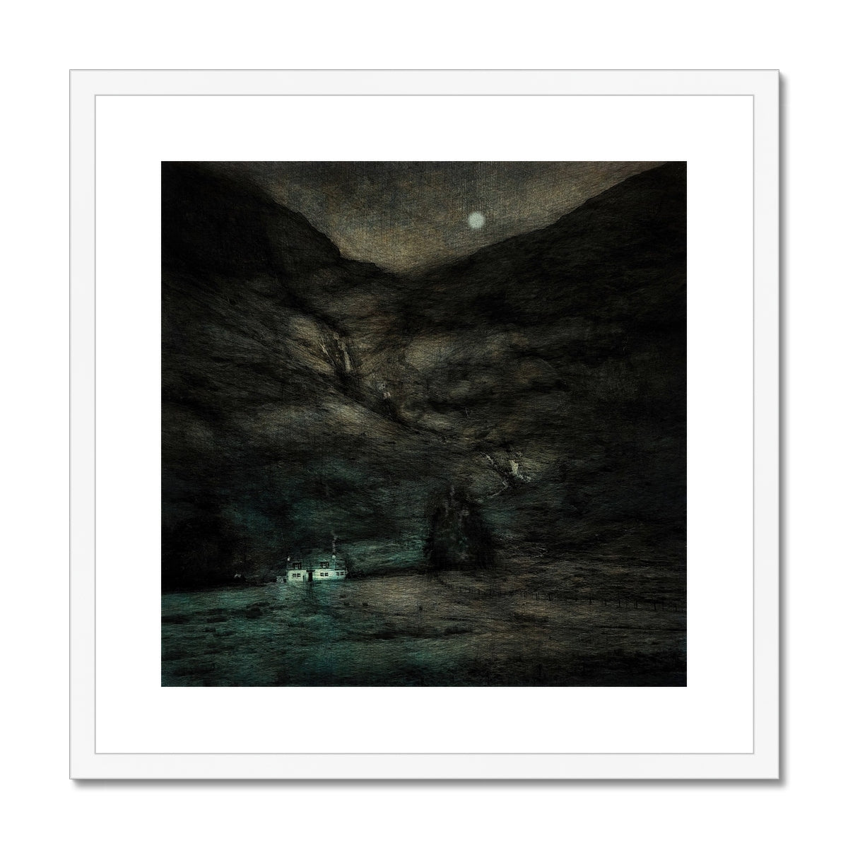 Glencoe Cottage Moonlight Painting | Framed & Mounted Prints From Scotland-Framed & Mounted Prints-Glencoe Art Gallery-20"x20"-White Frame-Paintings, Prints, Homeware, Art Gifts From Scotland By Scottish Artist Kevin Hunter
