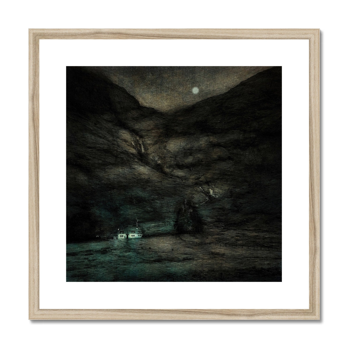 Glencoe Cottage Moonlight Painting | Framed & Mounted Prints From Scotland-Framed & Mounted Prints-Glencoe Art Gallery-20"x20"-Natural Frame-Paintings, Prints, Homeware, Art Gifts From Scotland By Scottish Artist Kevin Hunter