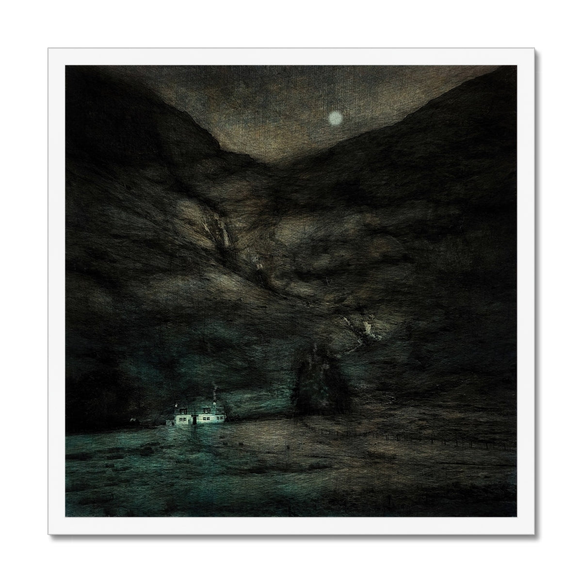 Glencoe Cottage Moonlight Painting | Framed Prints From Scotland-Framed Prints-Glencoe Art Gallery-20"x20"-White Frame-Paintings, Prints, Homeware, Art Gifts From Scotland By Scottish Artist Kevin Hunter
