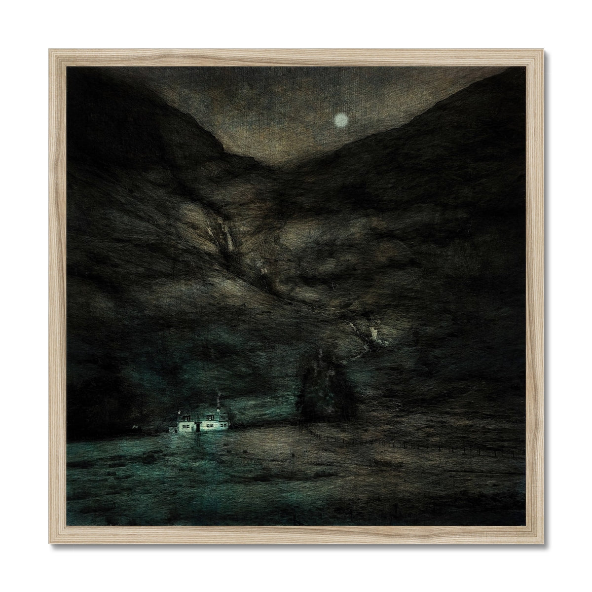 Glencoe Cottage Moonlight Painting | Framed Prints From Scotland-Framed Prints-Glencoe Art Gallery-20"x20"-Natural Frame-Paintings, Prints, Homeware, Art Gifts From Scotland By Scottish Artist Kevin Hunter