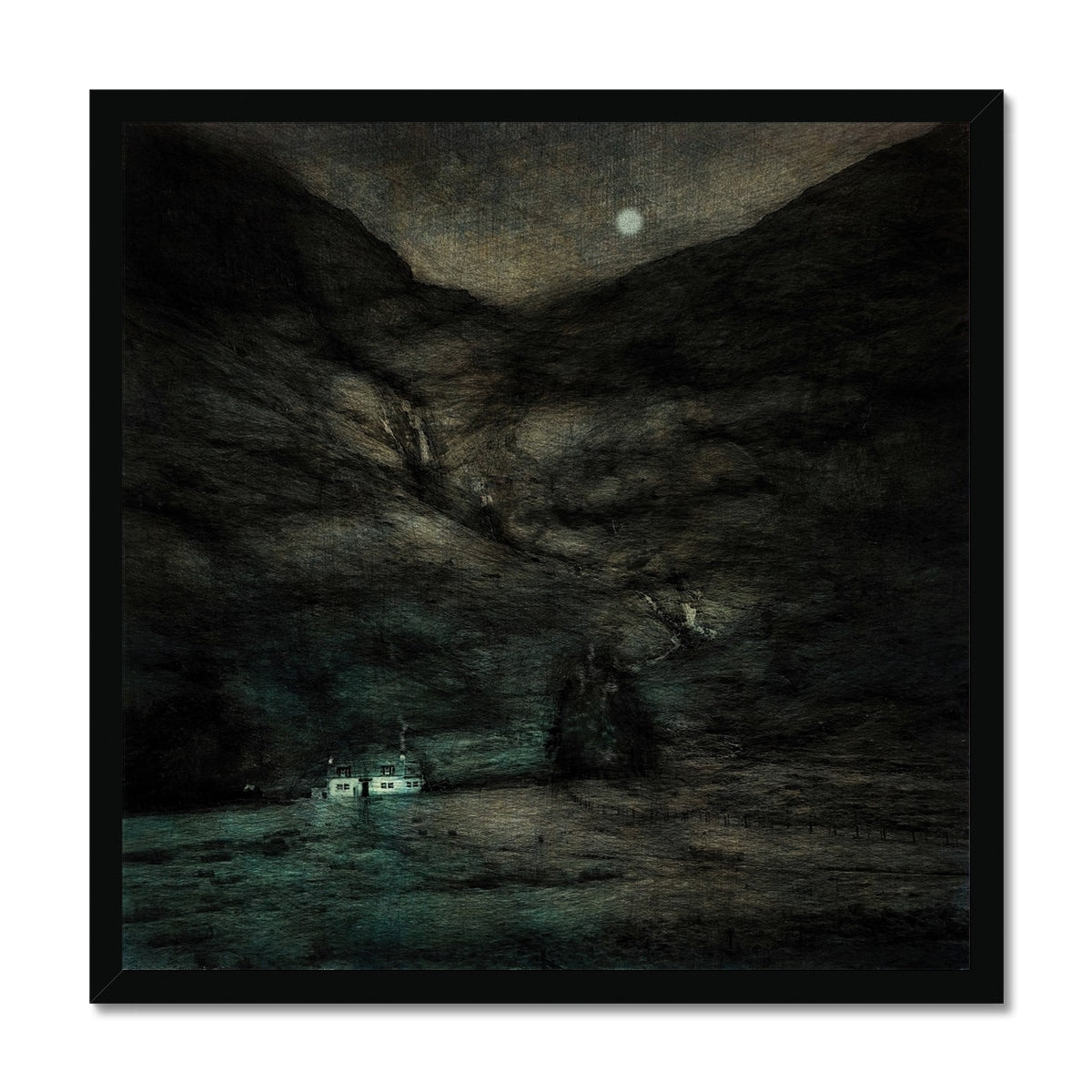 Glencoe Cottage Moonlight Painting | Framed Prints From Scotland-Framed Prints-Glencoe Art Gallery-20"x20"-Black Frame-Paintings, Prints, Homeware, Art Gifts From Scotland By Scottish Artist Kevin Hunter