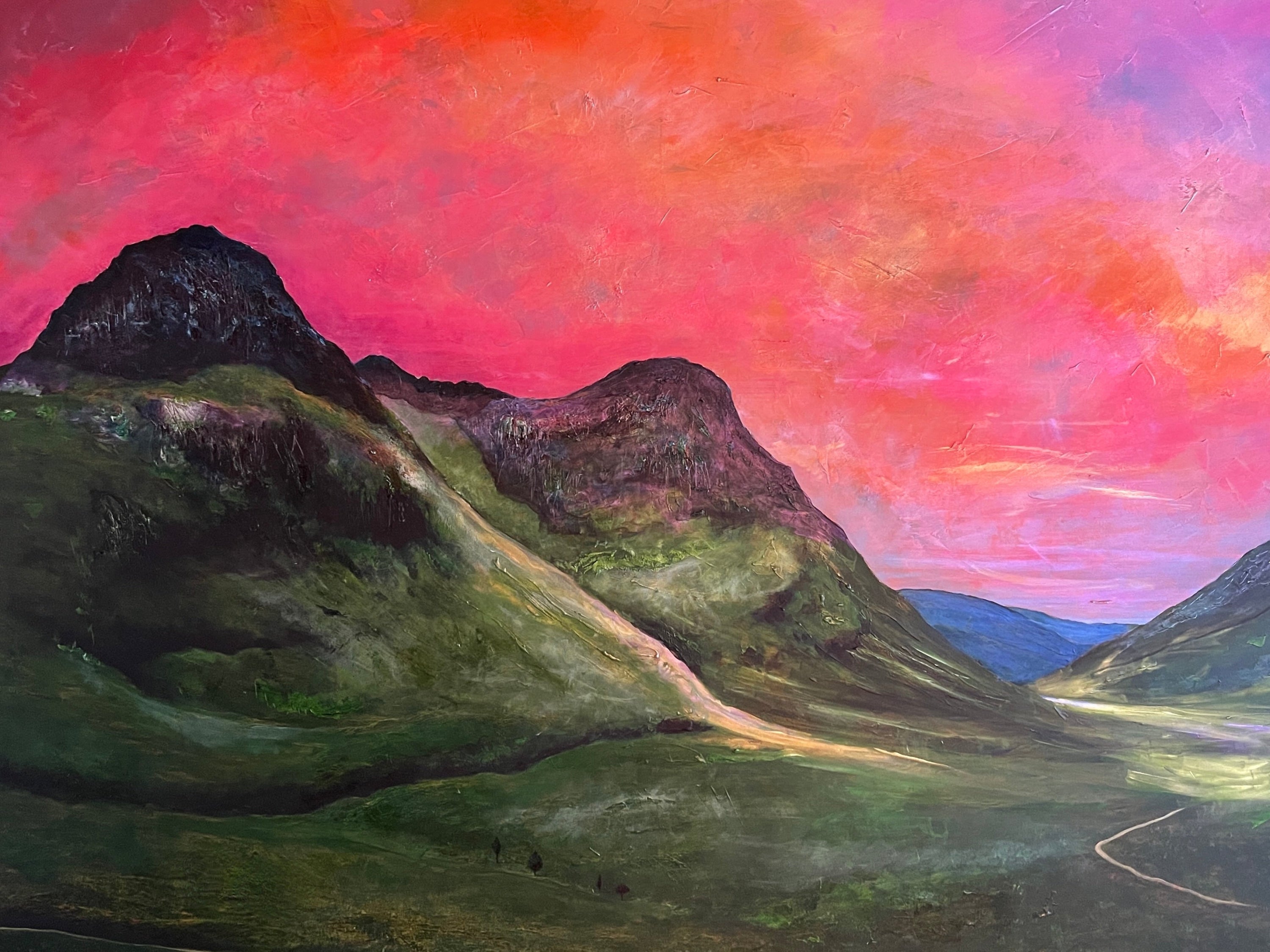 Vibrant mountain landscape painting displayed on the Glencoe Dusk Original Painting product