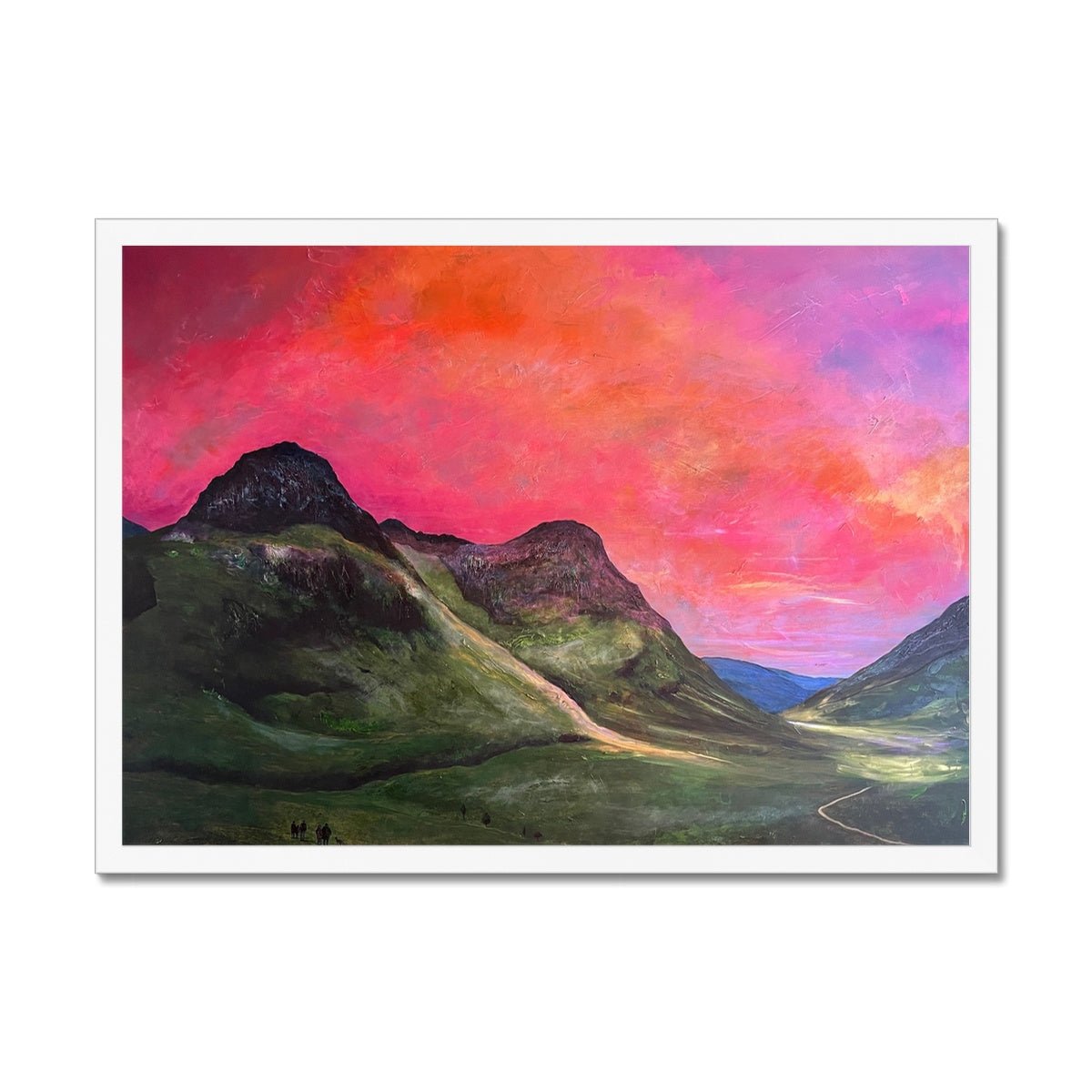 Glencoe Dusk Painting | Framed Prints From Scotland-Framed Prints-Glencoe Art Gallery-A2 Landscape-White Frame-Paintings, Prints, Homeware, Art Gifts From Scotland By Scottish Artist Kevin Hunter