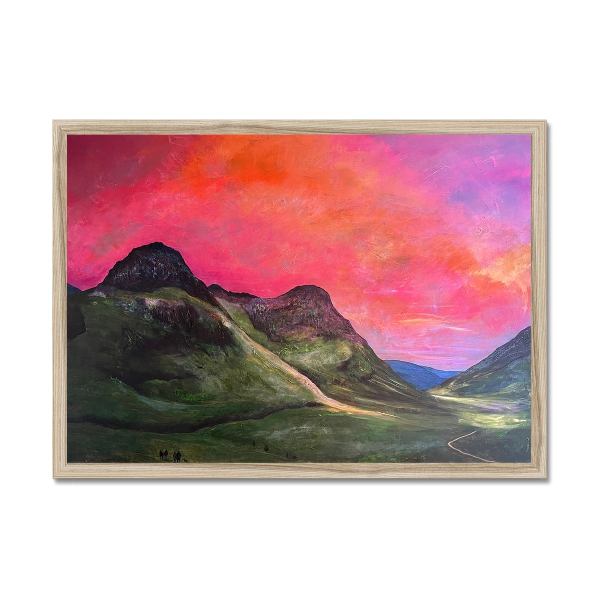 Glencoe Dusk Painting | Framed Prints From Scotland-Framed Prints-Glencoe Art Gallery-A2 Landscape-Natural Frame-Paintings, Prints, Homeware, Art Gifts From Scotland By Scottish Artist Kevin Hunter