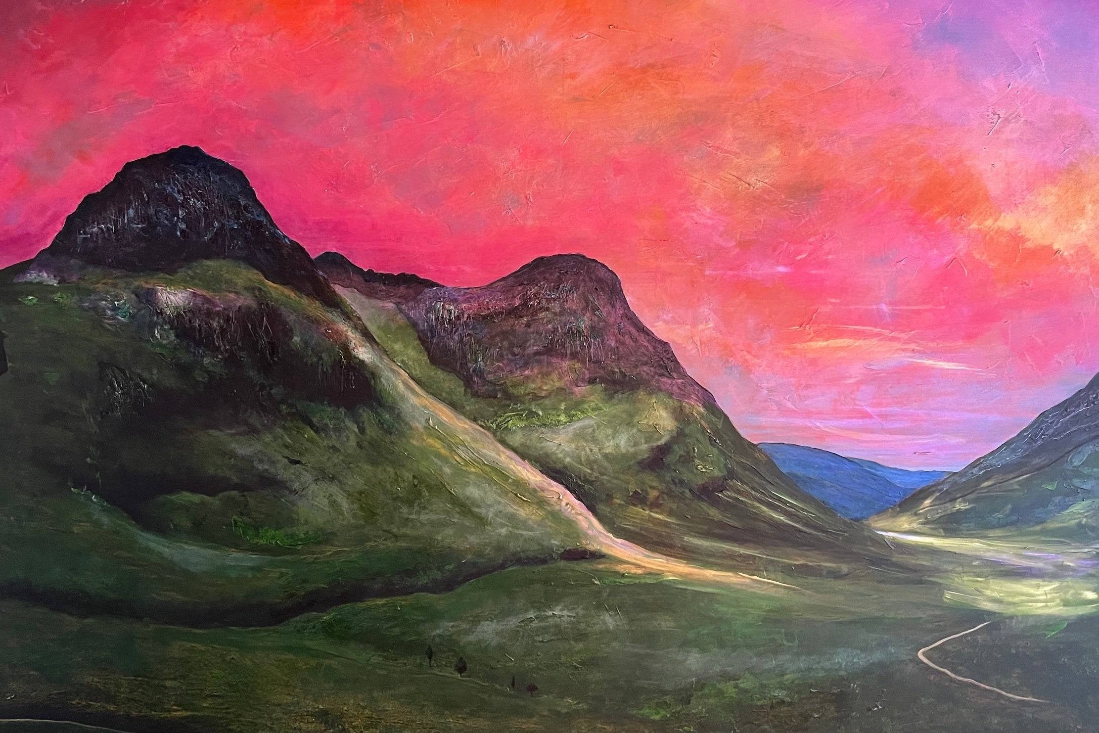 Vibrant mountainous landscape painting with fiery pink and orange sky for Glencoe Dusk Wall Art