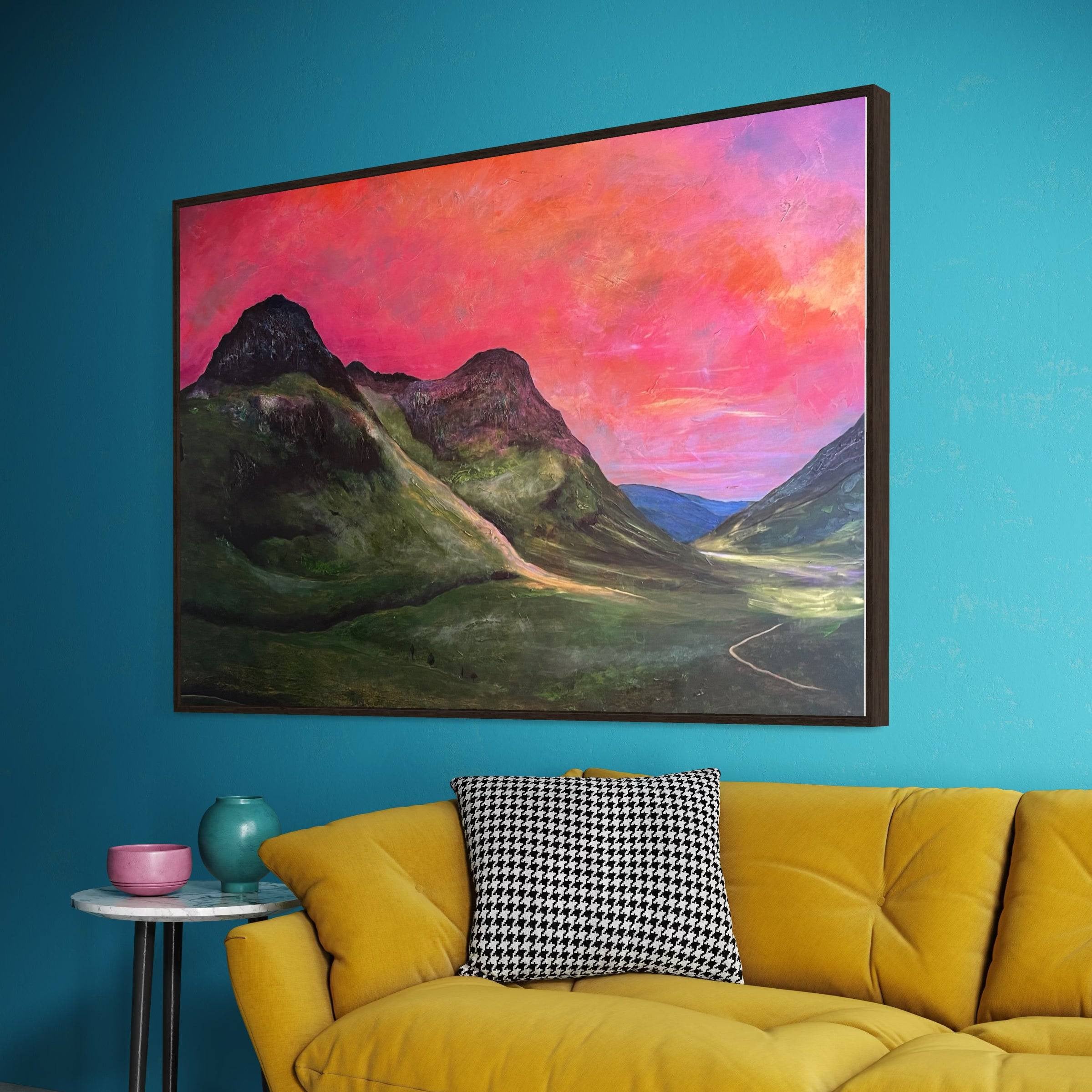 Vibrant landscape painting of a pink and orange sky for Glencoe Dusk wall art from Scotland