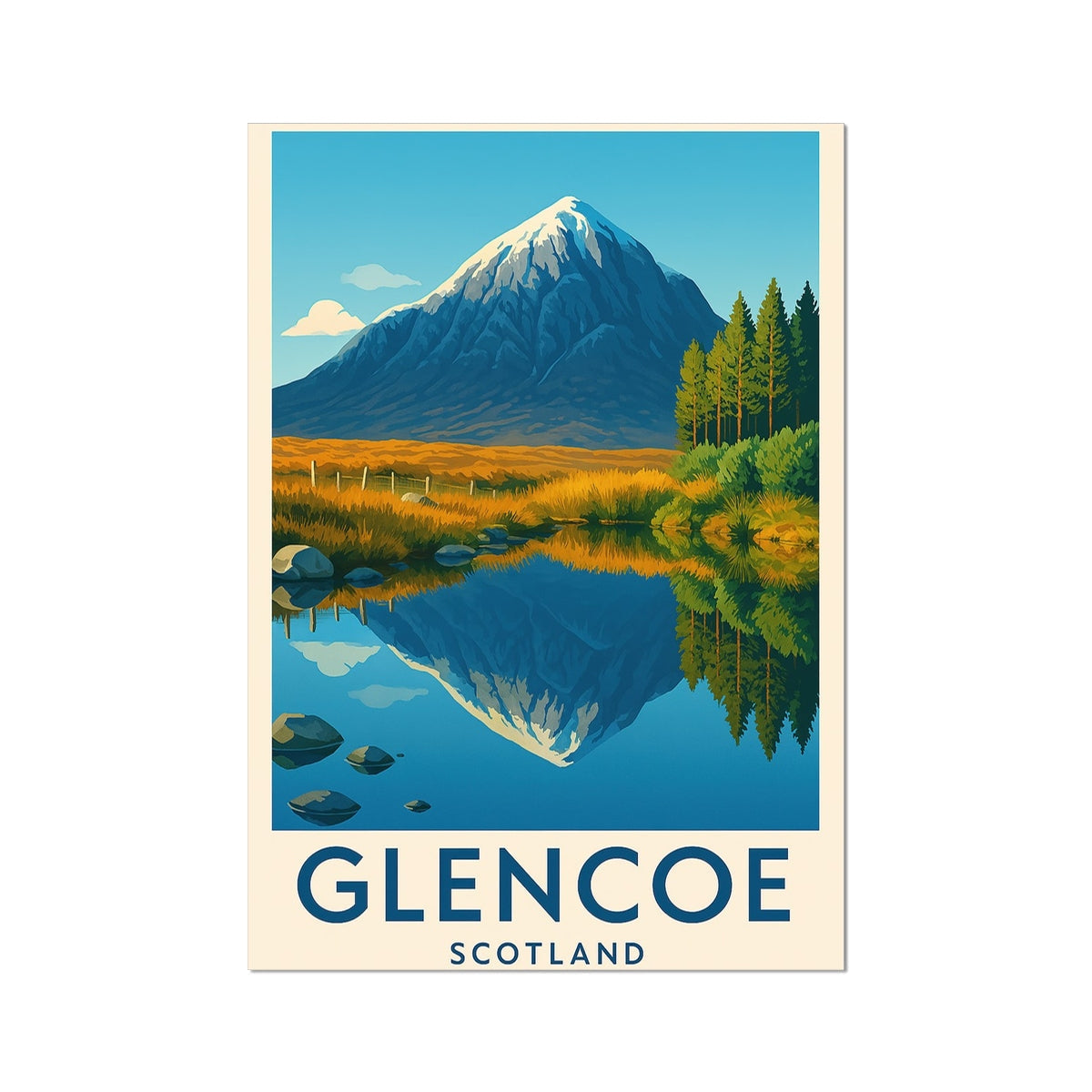 Glencoe Scotland poster with mountain reflection in water, fine art print