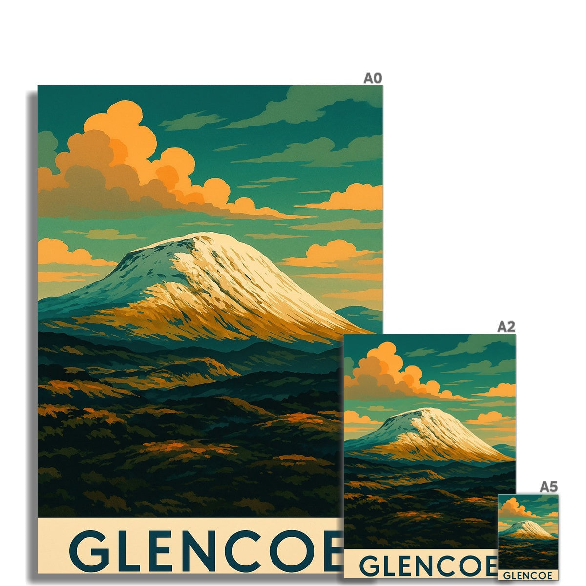 Glencoe II fine art print: vibrant green-blue mountain with snow-capped peak on orange sky