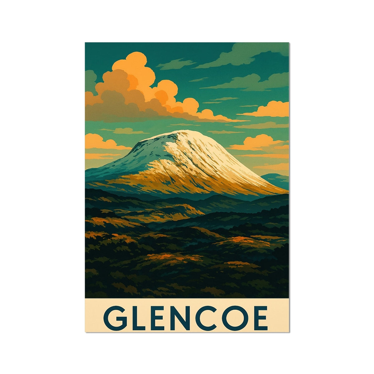 Glencoe II Fine Art Print: Snow-capped peak in vibrant green and orange hues against dramatic clouds