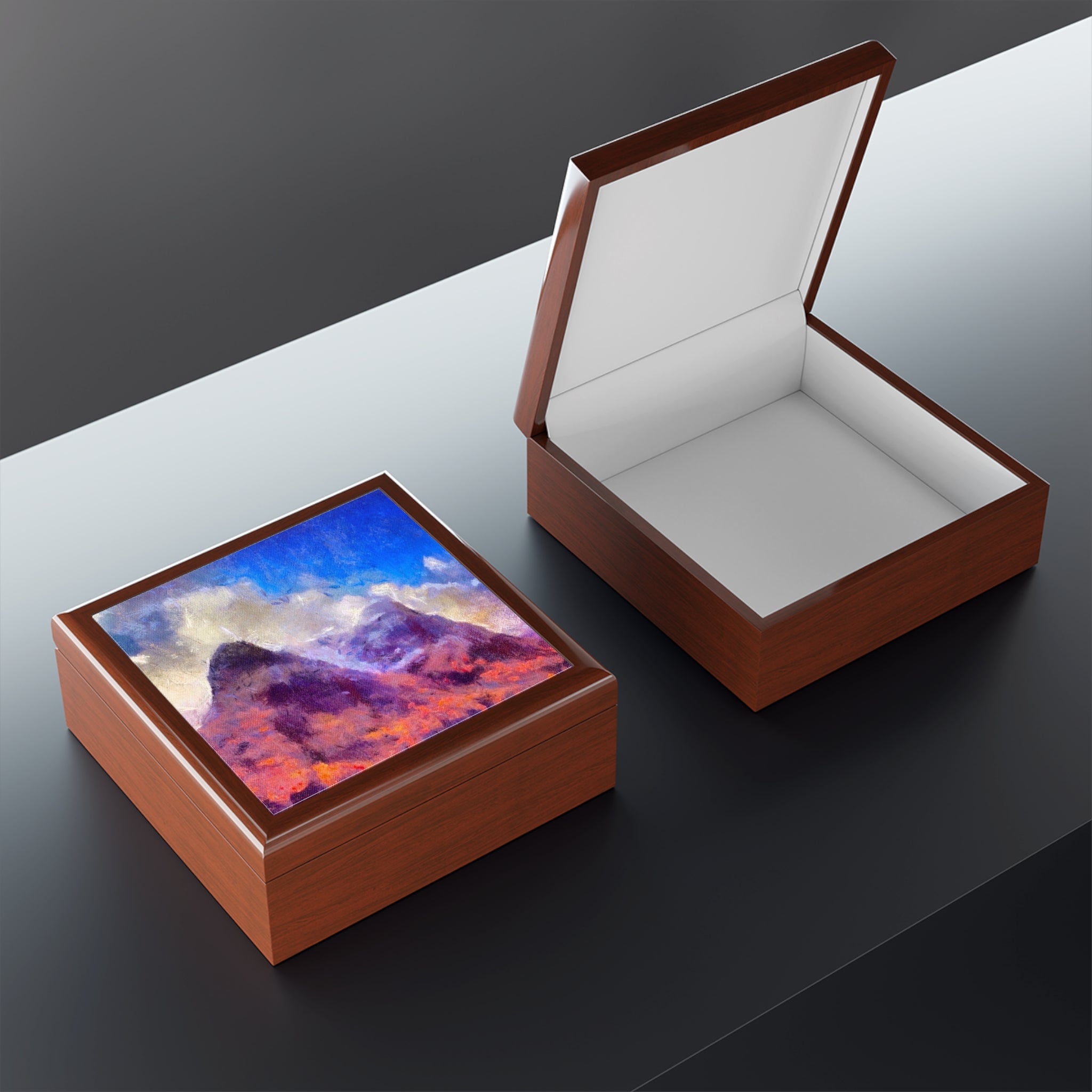 Glencoe Jewellery Box with brown leather and colorful Scottish mountain lid