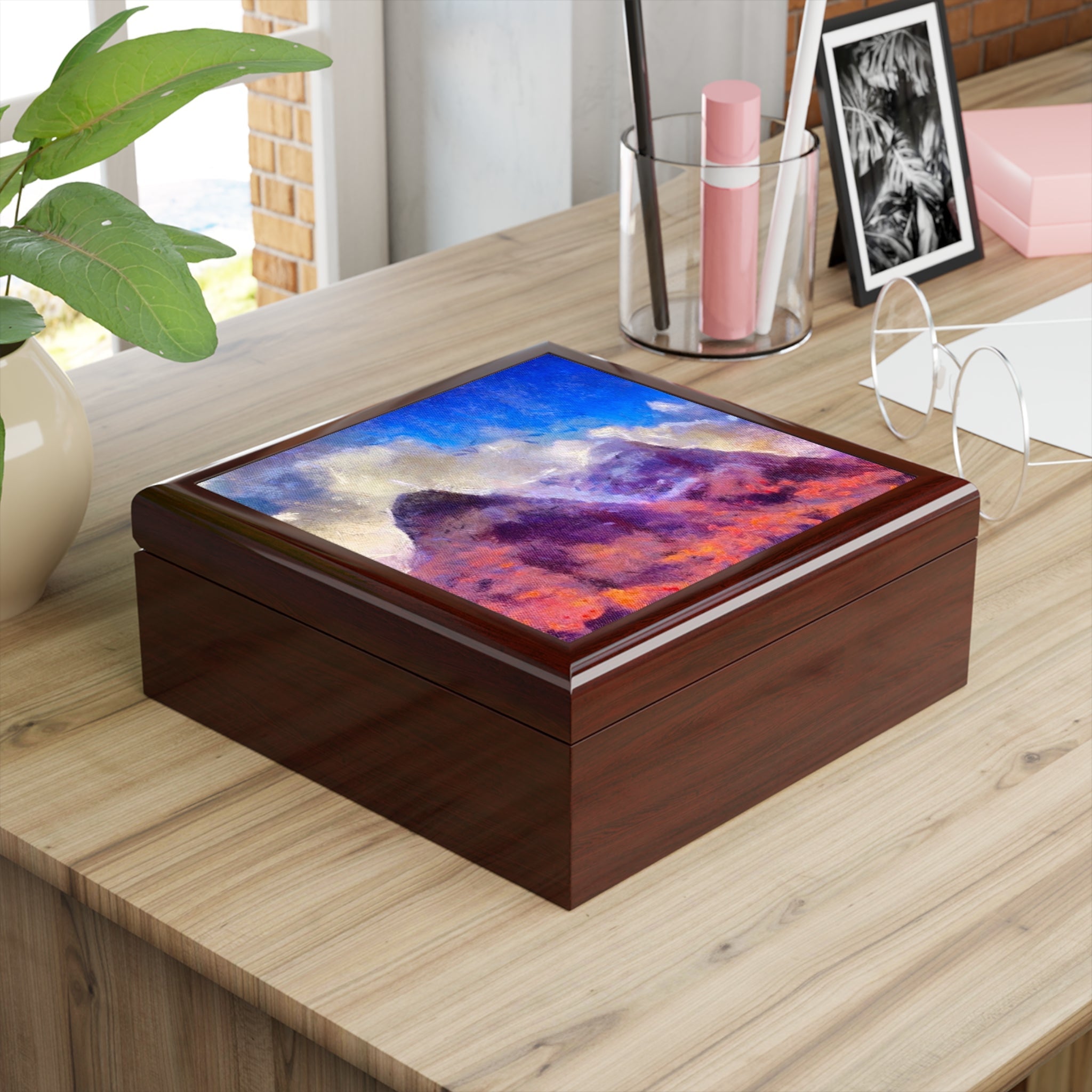 Glencoe Jewellery Box: rectangular wooden galaxy design in blue and purple