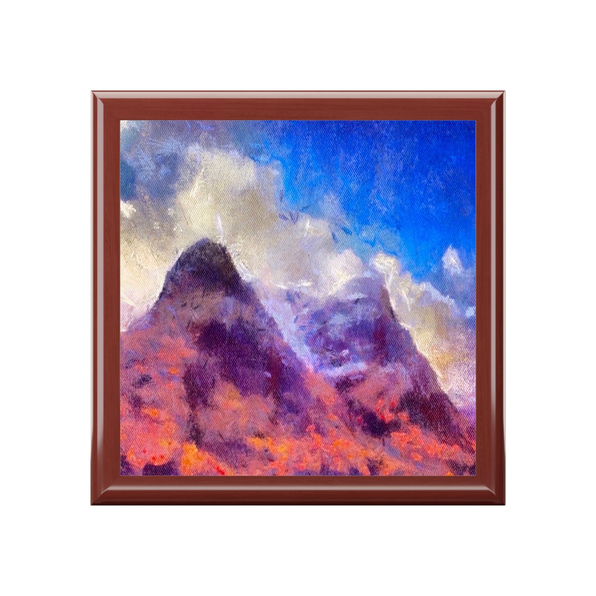 Brown wooden framed Glencoe mountain landscape tile coaster set