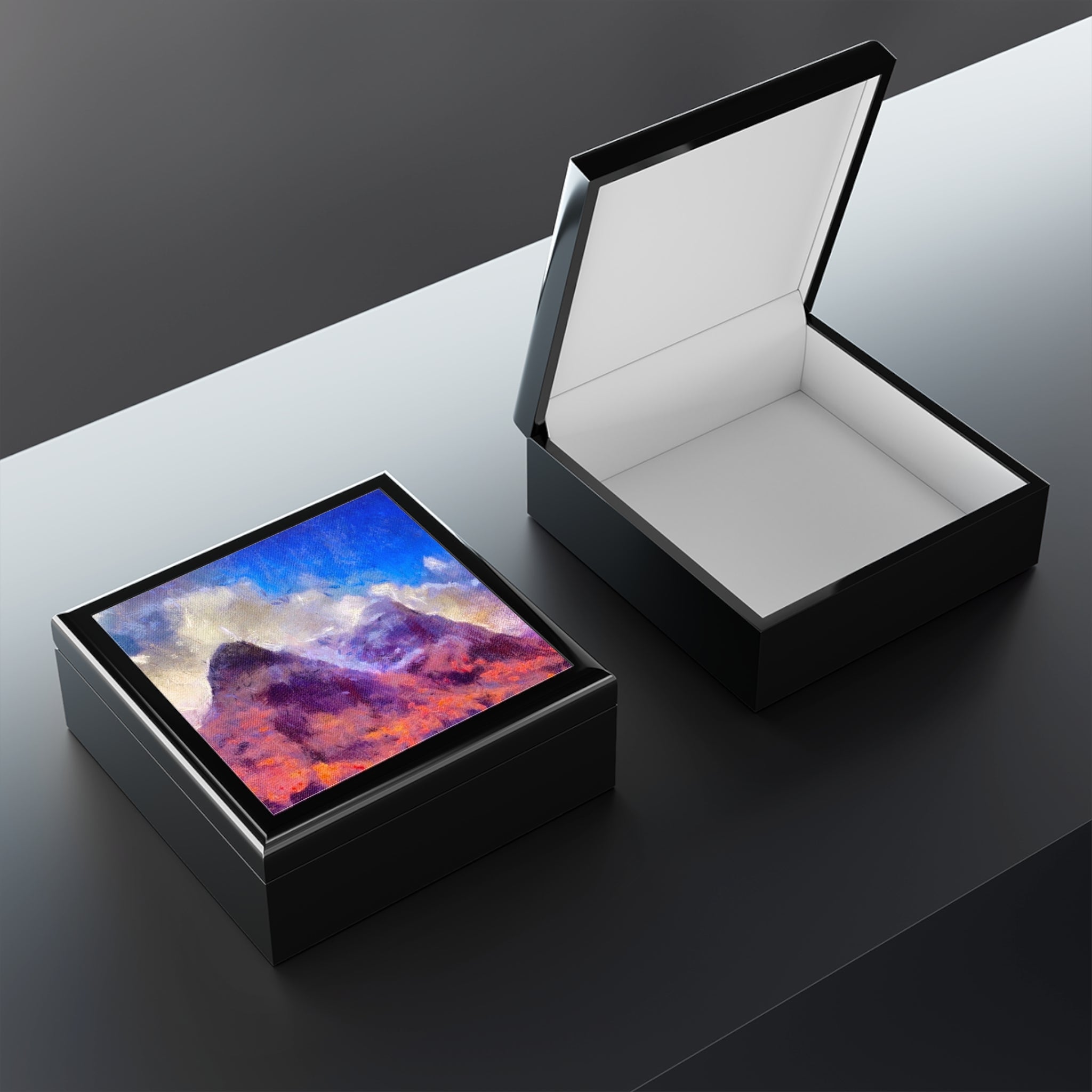 Glencoe Jewellery Box with black leather and mountain landscape screen