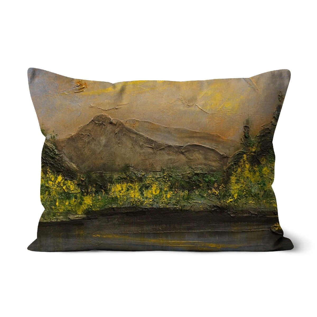 19th-century Glencoe Lochan cushion with muted earth tone landscape