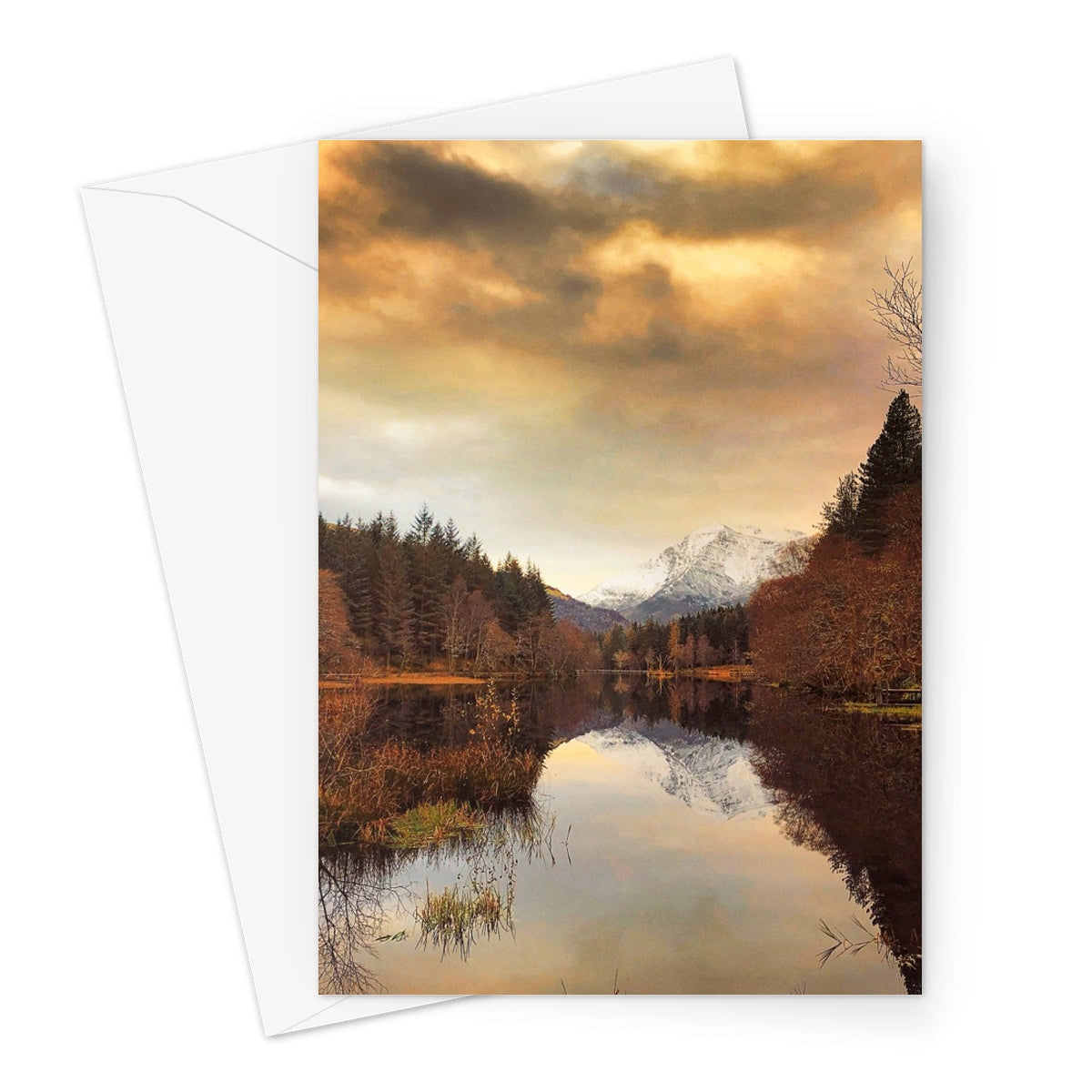 Glencoe Lochan Dusk greeting card with golden sunset landscape