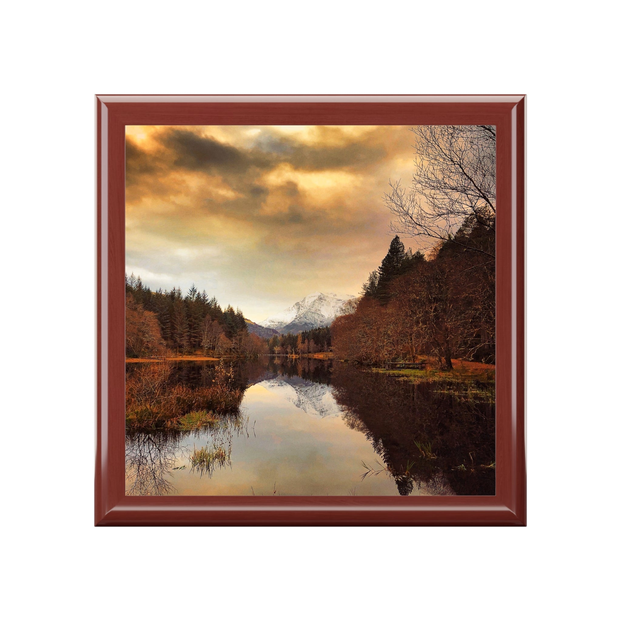 Glencoe Lochan Dusk framed lake print in reddish-brown wood, Scotland