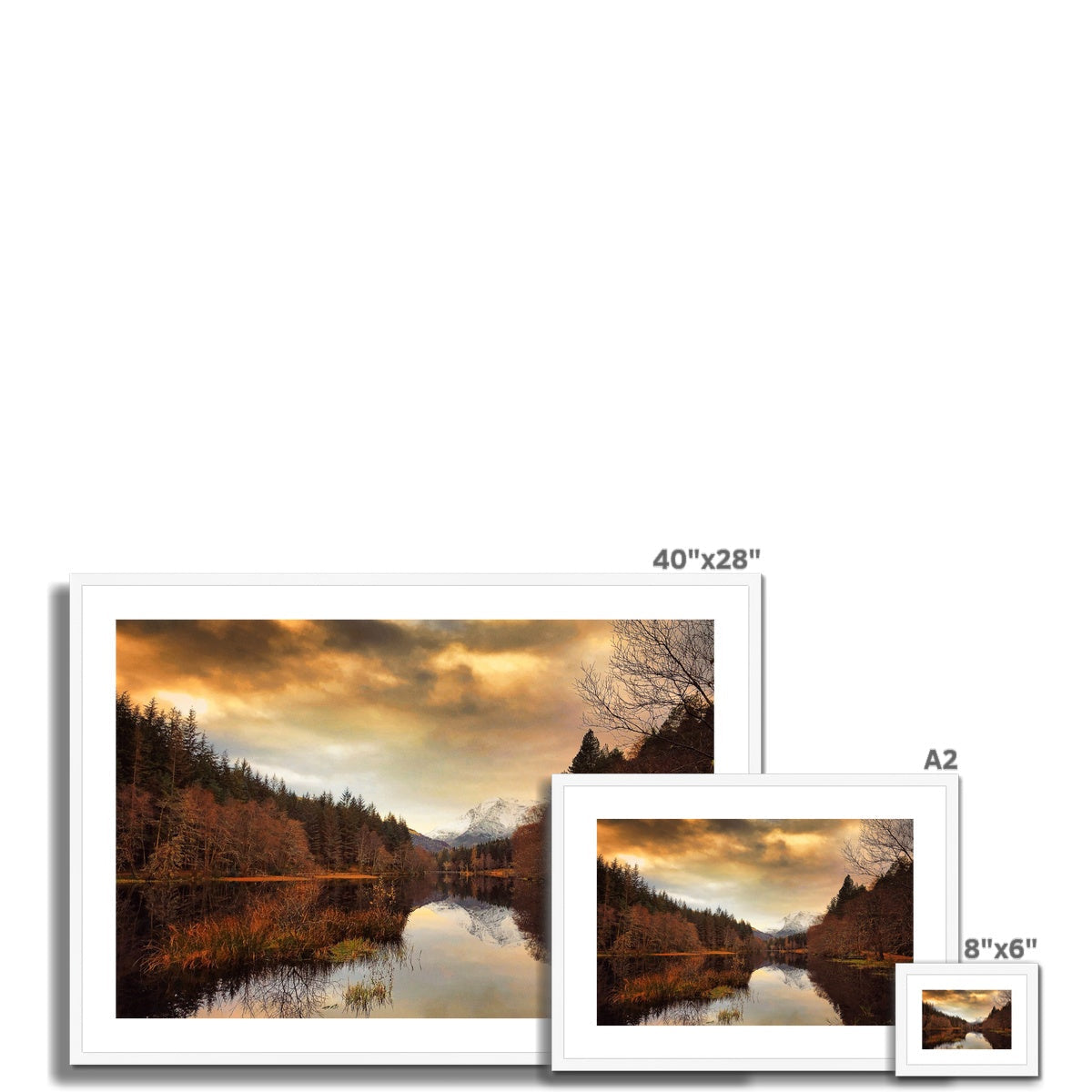 40x28 inch framed Glencoe Lochan Dusk landscape print, white frame