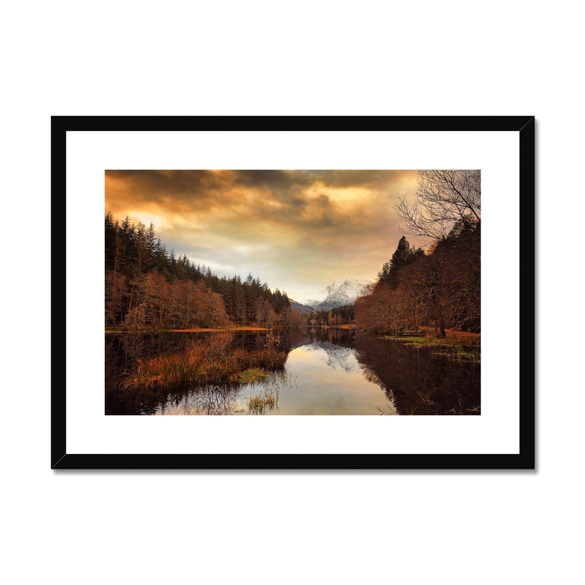 Black-framed Glencoe Lochan Dusk canvas print of serene lake with golden orange hues