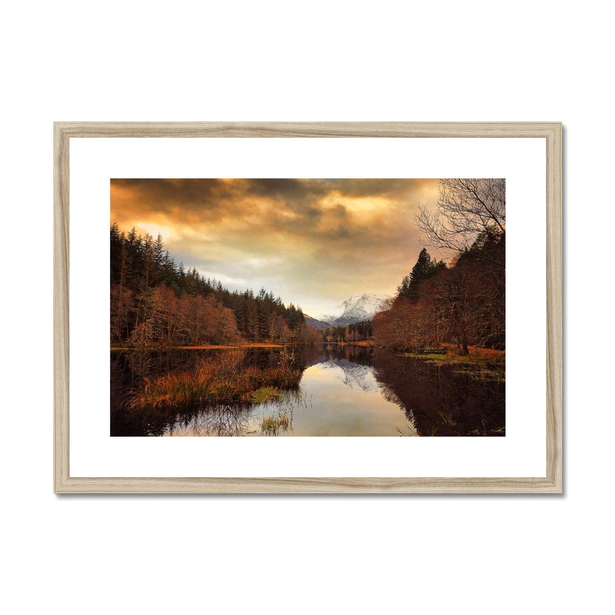 Glencoe Lochan Dusk wooden-framed print with tranquil river and autumn trees
