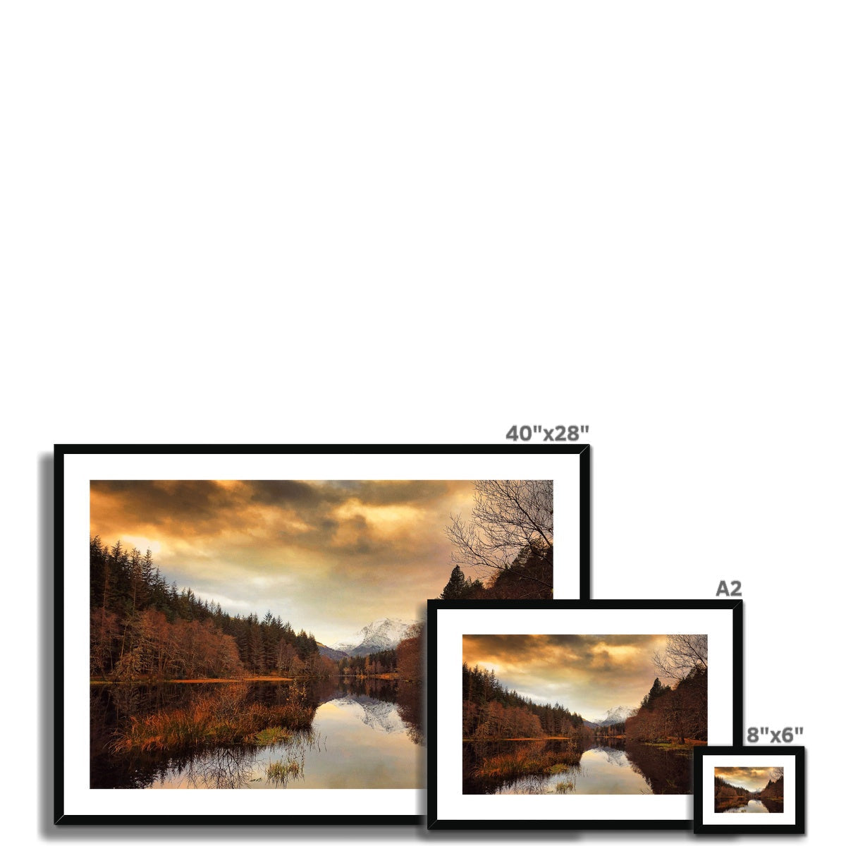 40x28 inch black framed Glencoe Lochan Dusk autumn forest print