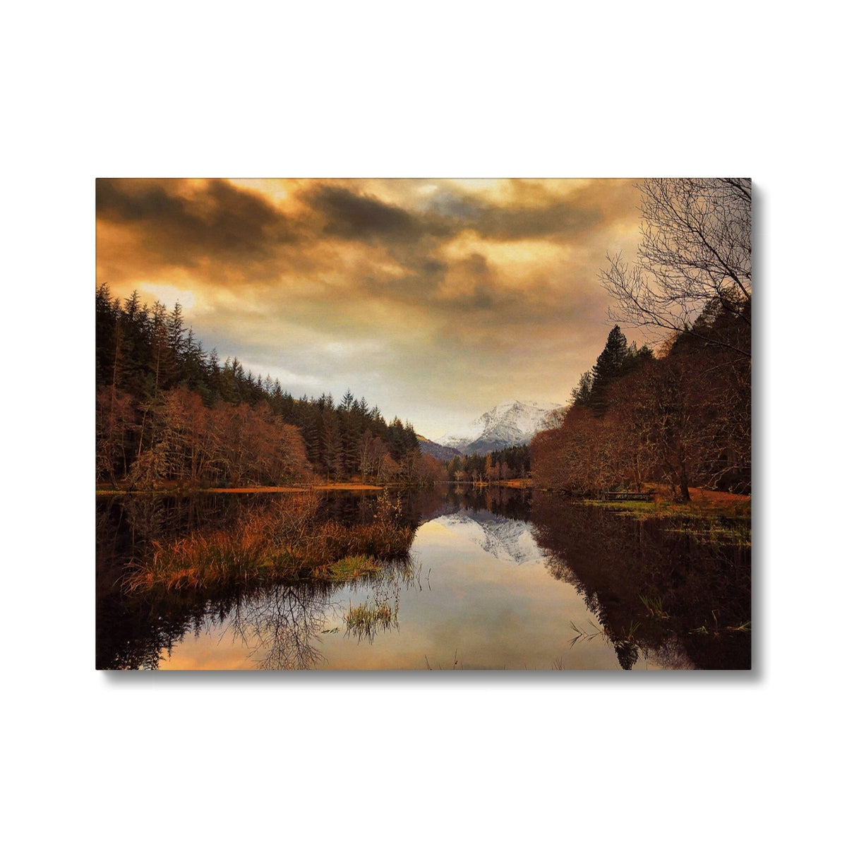 Golden sunset over Glencoe Lochan with reflective water and mountain silhouette on canvas