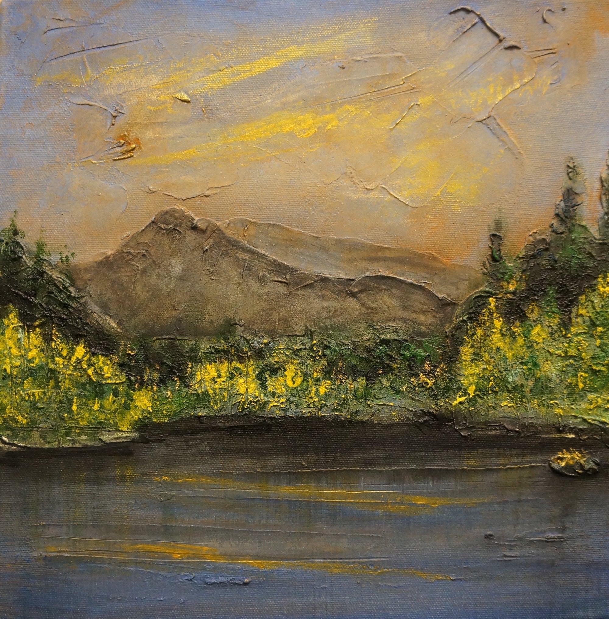 Textured palette knife painting of a mountain lake at sunset in Glencoe Lochan II Original Painting